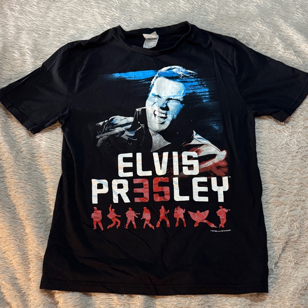 Elvis Presley Black Graphic Tee with Red & Blue Accents